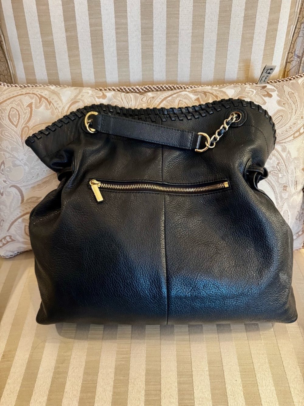 Tory Burch Black Leather Whipstitch Chain-Handle Tote-Vintage - Picture 2 of 5
